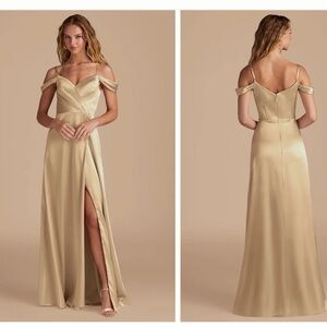 Azazie Gold Satin Off-Shoulder A-Line Gown with High Slit